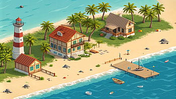 Seaside Serenity: Ultra, seaside, beach, lighthouse, house, palm tree HD wallpaper