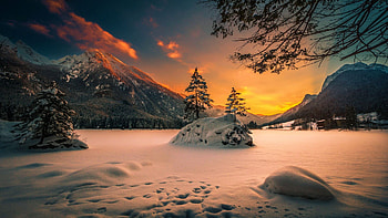 Lake Hintersee, Bavarian Alps, island, snow, germany, trees, sky, mountains, ice, sunset HD wallpaper