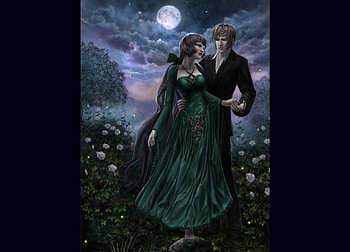 Fantasy Couple, blue, black, suit, dress, walkway, touch, embrace, moon, trees, couple, water, male, female, hold, dressing gown, affection, grey, man, fowers, bushes, lake, woman, pink, fantasy, hug, love, green, clouds, sky, affectionate HD wallpaper