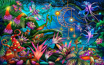 Fairy Forest, digital, frog, flowers, dragonflies, mushrooms HD wallpaper
