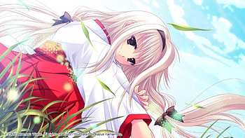 Akizuki Koharu, cute, red eyes, girl, grass, long hair, miko dress, anime, white hair, sky, kagura gakuen-ki HD wallpaper
