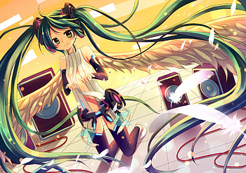 Hatsune Miku Append 01, feathers, heads, append, cute, angel, vocaloid, bass, miku, vocaloids, hatsune, sunset, wings, blue eyes, hatsune miku, twintail, blue hair, headset, beautiful, anime, pretty, sky HD wallpaper