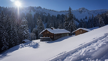 Bavarian Alps, snow, germany, trees, landscape, sky, mountains, houses, sunrise HD wallpaper