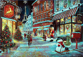 Christmas in Paris, decoration, eiffel tower, christmas, trees, street, people, houses, snowman, artwork, painting HD wallpaper