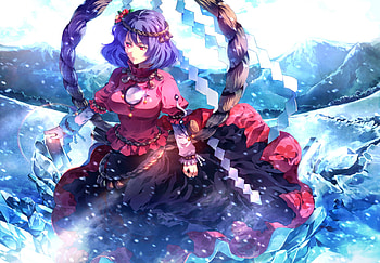 Yasaka Kanako, winter, cold, red eyes, dress, anime, snow, touhou, mountains, ice, female HD wallpaper