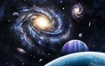 Spirial Galaxies, galaxies, planets, 3d, space, digital art, stars, spiral HD wallpaper