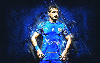 Tarek Hamed, Zamalek SC, Egyptian footballer, midfielder, blue stone background, football, Tarek Hamed art, Egypt HD wallpaper