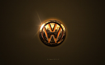Volkswagen golden logo, artwork, brown metal background, Volkswagen emblem, Volkswagen logo, brands, Volkswagen HD wallpaper
