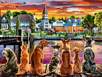 Dockside Dogs F, river, animal, art, dogs, beautiful, illustration, artwork, wide screen, painting, pets, canine HD wallpaper