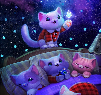 :P, piper thibodeau, cat, sleep, night, blue, kitten, art, cute, star, fantasy, pisici HD wallpaper