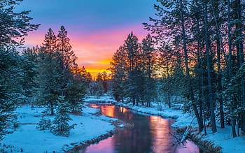 Winter in Island Park, Idaho, snow, river, colors, trees, sky, forest, sunset HD wallpaper