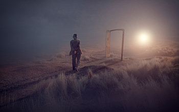 Old man, walk, alone, door, landscape, grass HD wallpaper