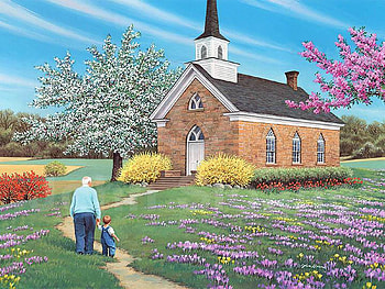 Time for Renewal, painting, blossoms, trees, sky, flowers, church, spring, crocuses HD wallpaper