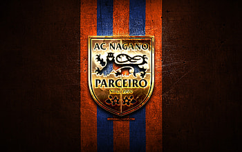 Nagano Parceiro FC, golden logo, J3 League, orange metal background, football, japanese football club, Nagano Parceiro FC logo, FC Nagano Parceiro HD wallpaper