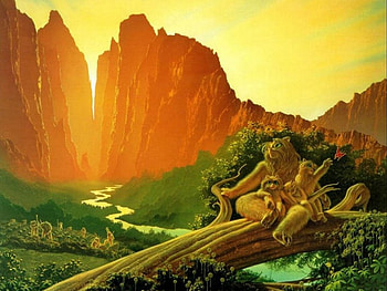 From Another World, alien creatures, fallen log, mountains, sunlight HD wallpaper