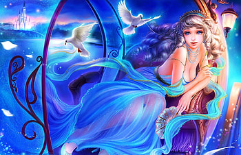 Cinderella, night, blue, dove, bird, shawli2007, shawlichen, pasare, girl, fanart, fantasy, luminos HD wallpaper