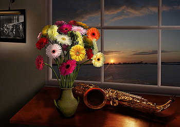 Night to remember, colorful, saxo, , hanging, sax, music, water, ocean, sunset, table, white, window, vase, beautiful, orange, gerberas, pink, yellow, red, romantic, flowers HD wallpaper