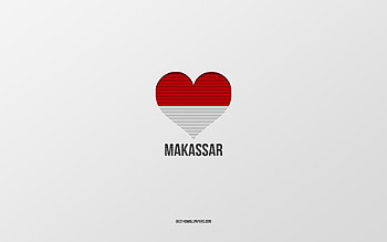 I Love Makassar, Indonesian cities, Day of Makassar, gray background, Makassar, Indonesia, Indonesian flag heart, favorite cities, Love Makassar HD wallpaper