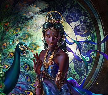Peacock princess, frumusete, fantasy, art, bird, paun, peacock, rotheus, blue, girl, princess HD wallpaper