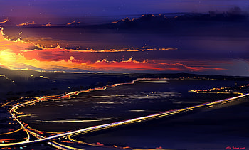 Horizon, clouds, sunset, highway, aerial view, art HD wallpaper