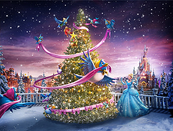 Merry Christmas!, blue, cinderella, bird, craciun, pasare, disney, girl, tree, pink, fantasy, magical, christmas, luminos, princess HD wallpaper
