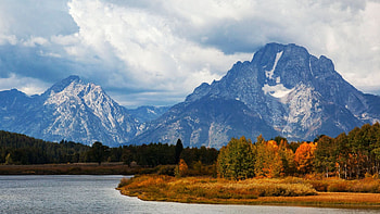 Mount Moran, Grand Teton National Park, river, Wyoming, trees, clouds, autumn, USA, sky HD wallpaper