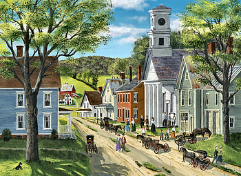 After Church F1, architecture, chapel, art, buggies, beautiful, church, artwork, scenery, wide screen, horses, religious, painting, equine HD wallpaper