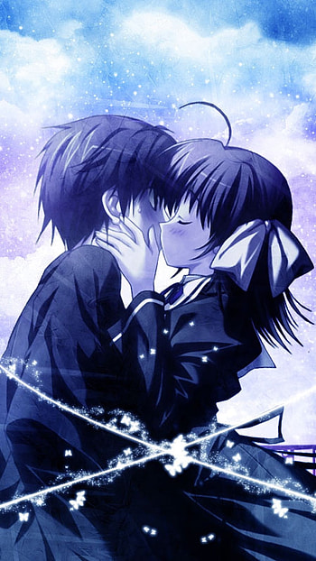 Couple Cartoon, Blue Theme, Romantic Anime, kiss HD phone wallpaper
