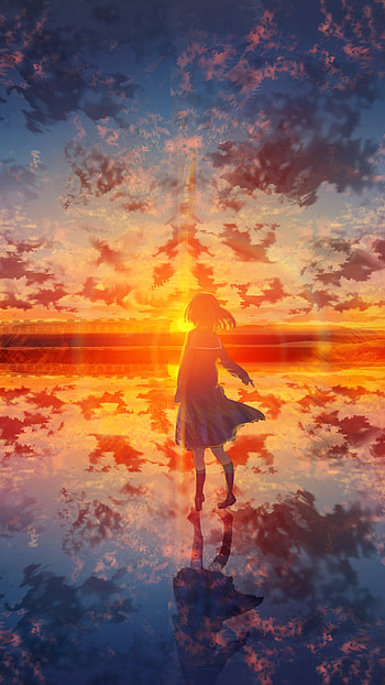 Sunset Reflections: Anime Schoolgirl by the Water – Original , schoolgirl, water, Anime, Original, anime sunset HD phone wallpaper