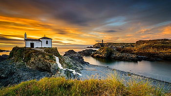 A Coruna, Sunrise, Rocks, Town, House, Ocean, Coast, Coastline, Spain, Sky, Clouds, Sunset, Sea, Europe, Port, City, Shore, Break, Holiday, Beach, Galicia HD wallpaper