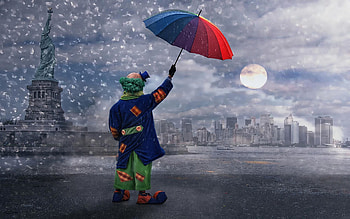 Good Morning America . . . how are you ?, statue, umbrella, skyscrapers, clown, moon, snowfall, new york HD wallpaper