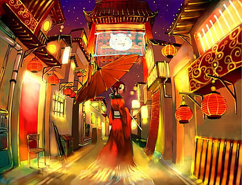 Night Walk, night, umbrella, cute, oriental, dress, road, female, sexy, house, hot, chinese, girl, anime girl, anime, light, traditional clothes, building, street, lantern HD wallpaper