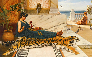 Sewing girl on tiger skin, john william godward, painting, tiger, skin, pictura, tigru, girl, sewing, art HD wallpaper