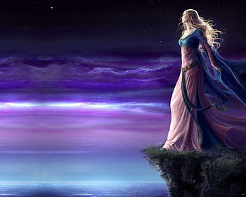 Fantasy Girl, sea, art, clouds, sky, cliff, woman HD wallpaper