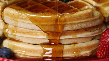 Maple syrup on waffles, Sweet breakfast treat, Indulgent dessert, Food HD wallpaper