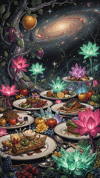 Galactic Banquet — Enchanted Feast , Food, Flower, Galaxy HD phone wallpaper