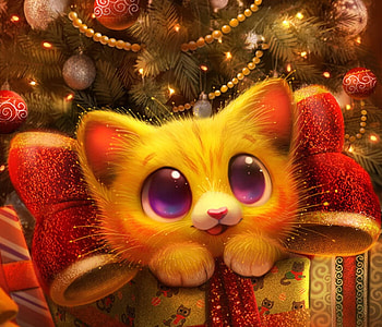 Merry Hissmas, christmas, craciun, pisici, art, fantasy, piper thibodeau, cat, tree HD wallpaper