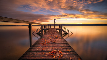 Autumn bridge, Leaves, Sea, Clouds, Sky HD wallpaper