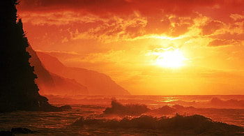 spectacular ocean sunset, sea, waves, coast, yellow, sunset HD wallpaper