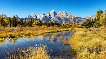 Tetons In The Fall, peaks, autumn, landscape, water, wyoming, pond, reflections, usa HD wallpaper