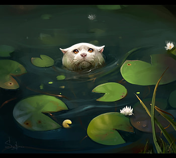 Wet, animal, art, cat, lake, pisica, fantasy, green, luminos, water, salamandra-s, lotus HD wallpaper