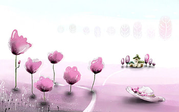 Hat and Flowers, trees, pink flowers, hat, house HD wallpaper