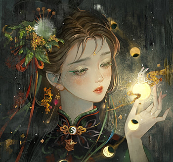 Chang'e, goddess, dark, change, art, girl, hand, bunny, fantasy, moon, face, luna, chang e, luminos HD wallpaper