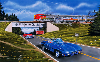 America's Best, train, road, cars, artwork, painting, bridge HD wallpaper