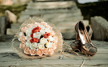 Bouquet, shoe, flowers, petals HD wallpaper