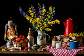 Still life, Lamp, Flowers, Coffee pot, Berries, Basket HD wallpaper