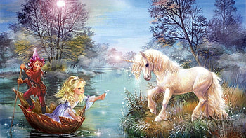 girl with unicorn, unicorn, cute, girl, sun HD wallpaper