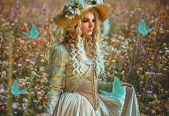 Field Of Wild Flowers, girl, hat, colorful, blue, white, vibrant, butterflies, brown, vivid, tan, bright, bold HD wallpaper
