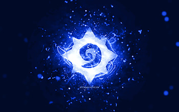 Hearthstone dark blue logo, , dark blue neon lights, creative, dark blue abstract background, Hearthstone logo, online games, Hearthstone HD wallpaper