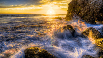 Sunset at the coast of Oregon, sea, clouds, sky, rocks, cliff, sun, usa HD wallpaper
